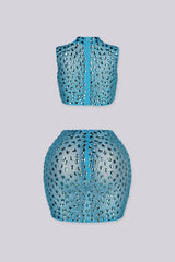 Mock neck crop top and mini skirt set, back view
