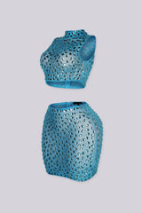 Mock neck crop top and mini skirt set, side view