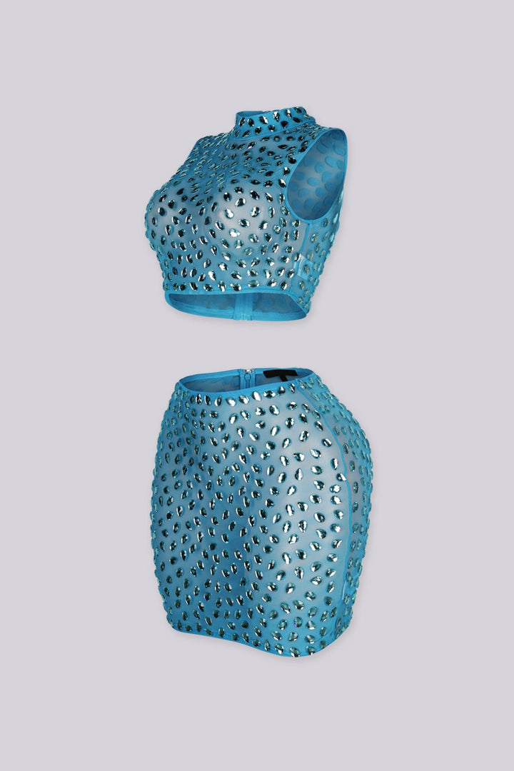 Mock neck crop top and mini skirt set, side view