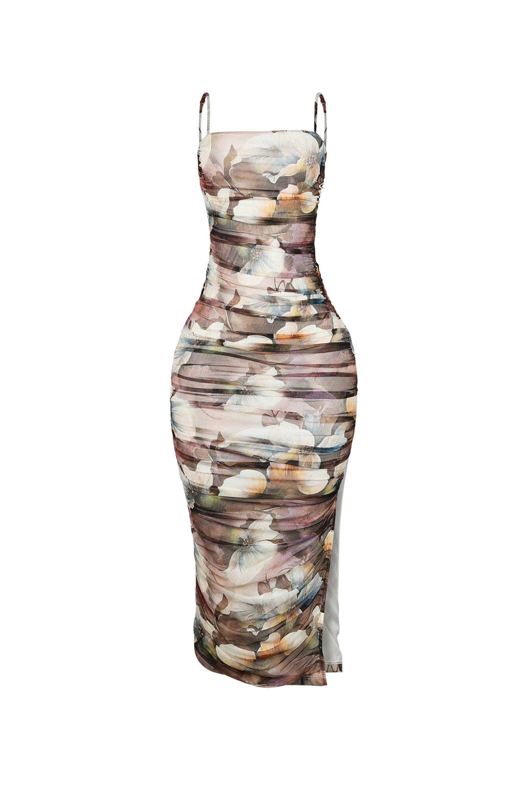 EDGE — brown floral print ruched midi dress with thin straps, front view flat lay