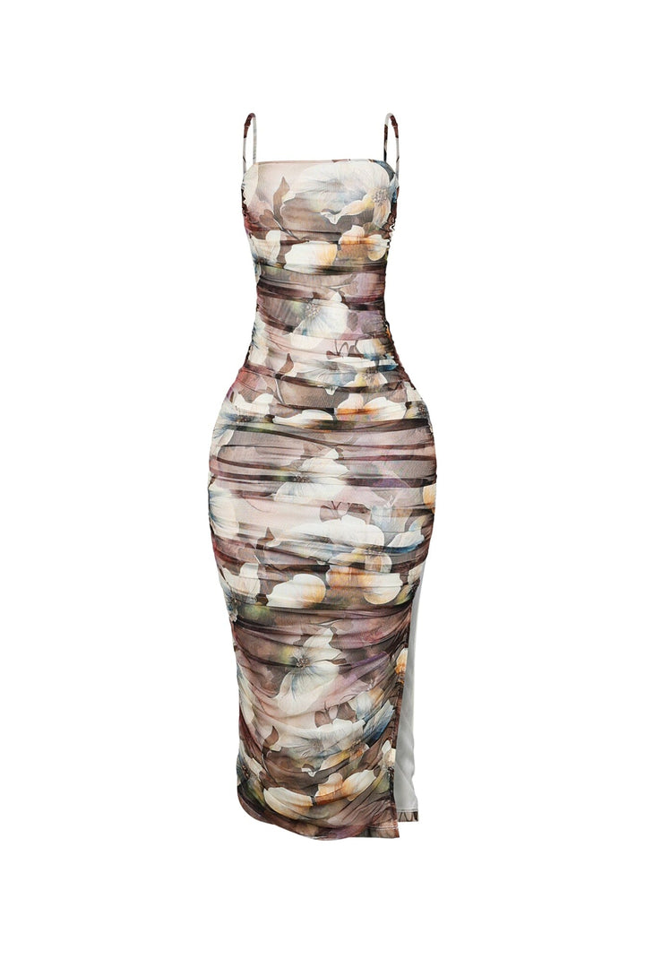 EDGE — brown floral print ruched midi dress with thin straps, front view flat lay