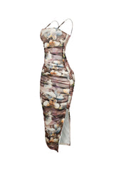 EDGE — brown floral print ruched midi dress with thin straps, side view flat lay