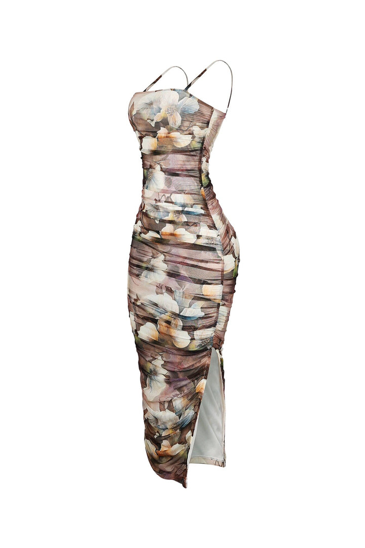 EDGE — brown floral print ruched midi dress with thin straps, side view flat lay