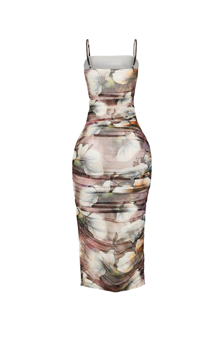 EDGE — brown floral print ruched midi dress with thin straps, back view flat lay