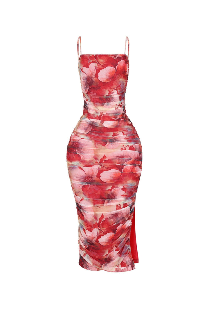 EDGE — red floral print ruched midi dress with thin straps, front view flat lay