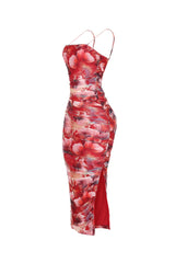 EDGE — red floral print ruched midi dress with thin straps, side view flat lay