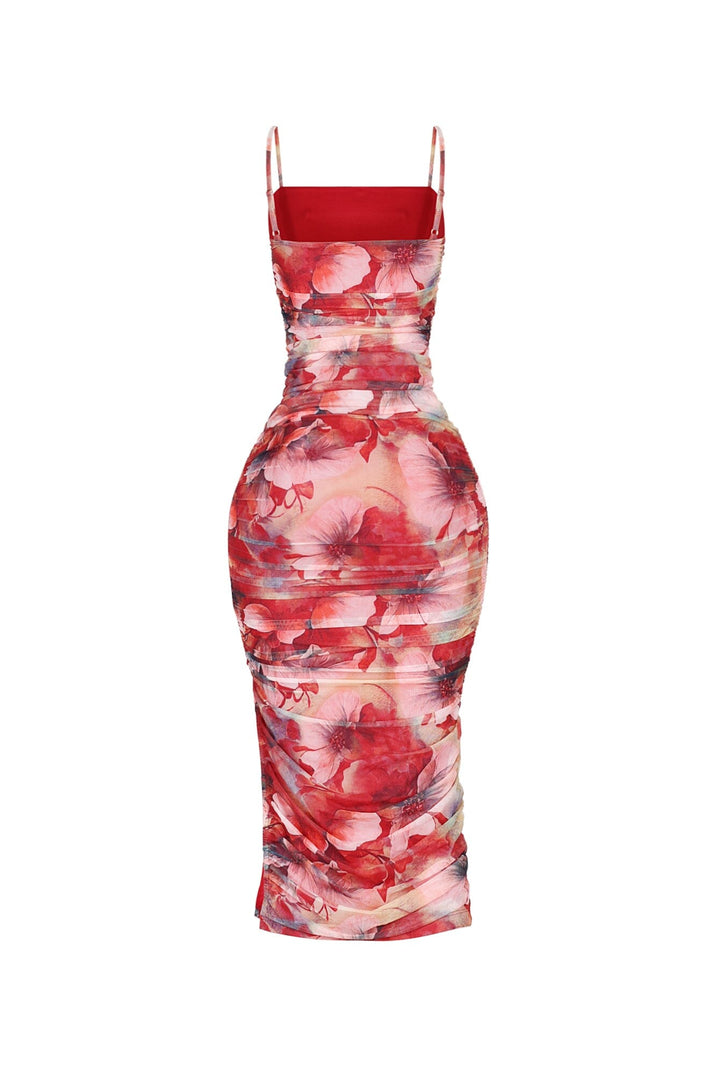 EDGE — red floral print ruched midi dress with thin straps, back view flat lay