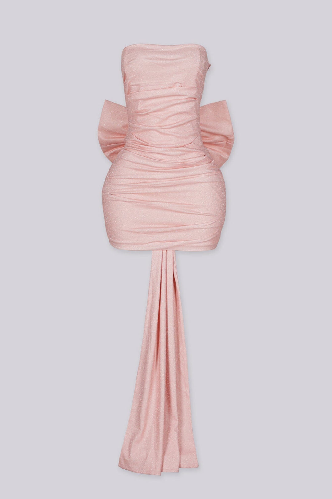 EDGE — blush sparkly bow tube mini dress with draped train, front view flat lay