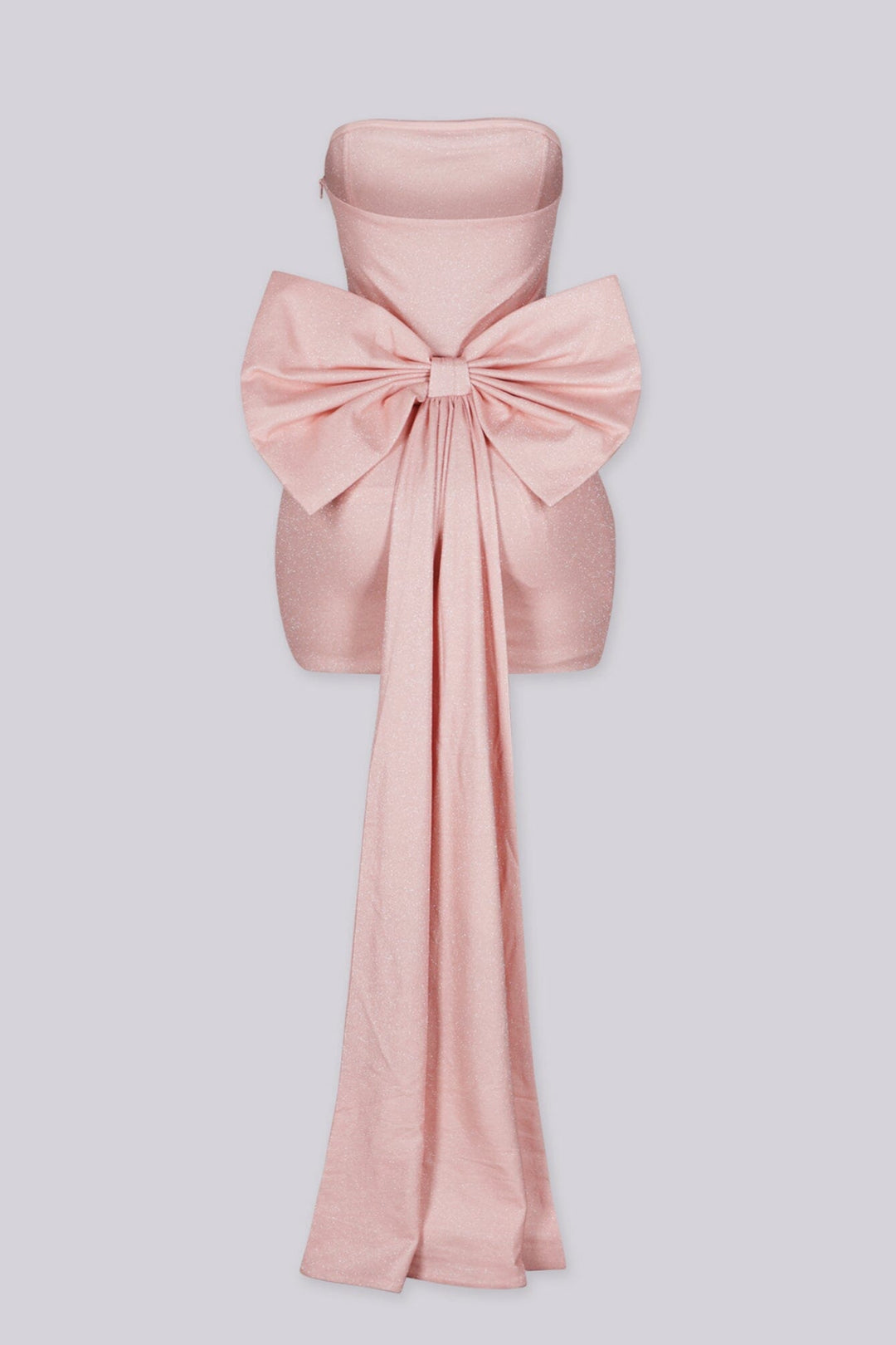 EDGE — blush sparkly bow tube mini dress bow detail, front view flat lay