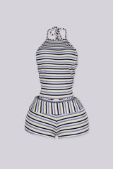 Multi color striped high neck halter top featuring open back style&amp;nbsp, Matching high-waisted short&amp;nbsp