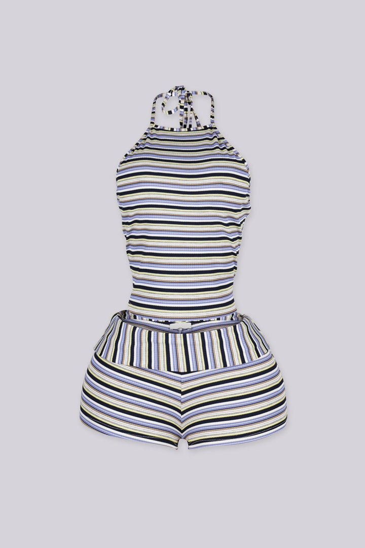 Multi color striped high neck halter top featuring open back style&amp;nbsp, Matching high-waisted short&amp;nbsp