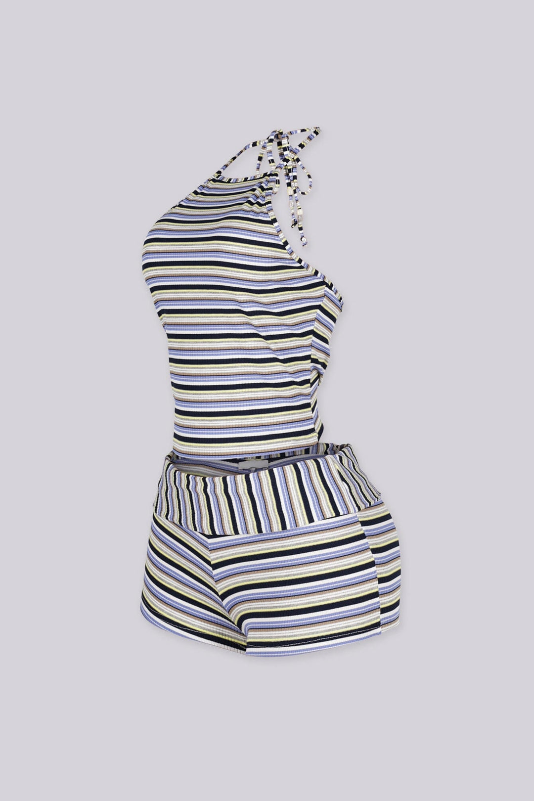 Multi color striped high neck halter top featuring open back style&amp;nbsp, Matching high-waisted short&amp;nbsp