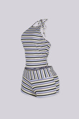 Multi color striped high neck halter top featuring open back style&amp;nbsp, Matching high-waisted short&amp;nbsp