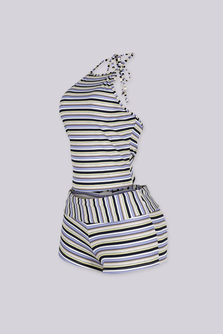 Multi color striped high neck halter top featuring open back style&amp;nbsp, Matching high-waisted short&amp;nbsp