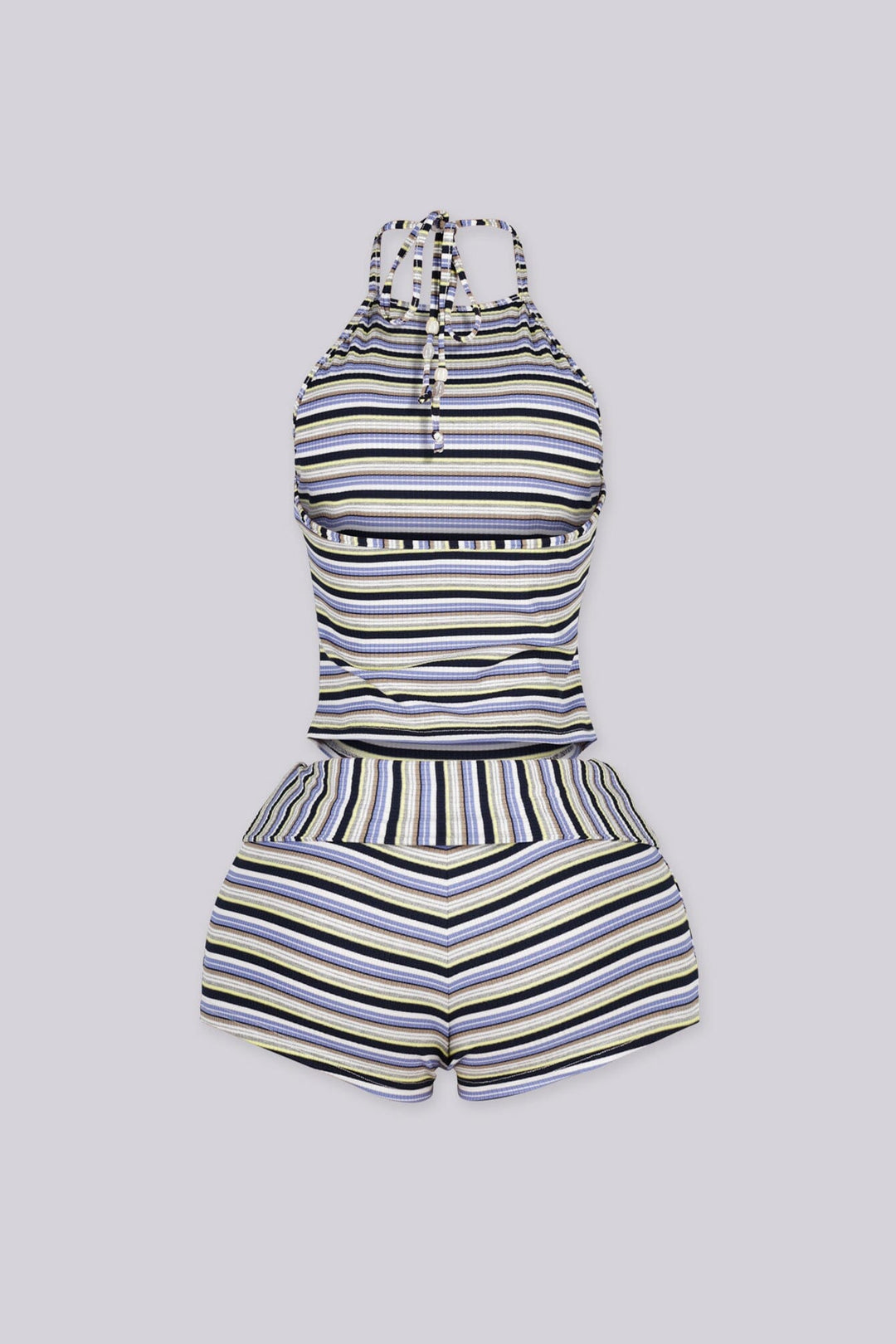 Multi color striped high neck halter top featuring open back style&amp;nbsp, Matching high-waisted short&amp;nbsp