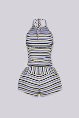 Multi color striped high neck halter top featuring open back style&amp;nbsp, Matching high-waisted short&amp;nbsp
