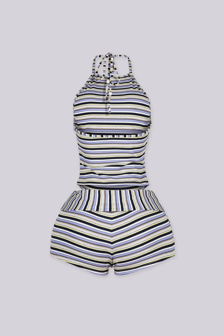 Multi color striped high neck halter top featuring open back style&amp;nbsp, Matching high-waisted short&amp;nbsp