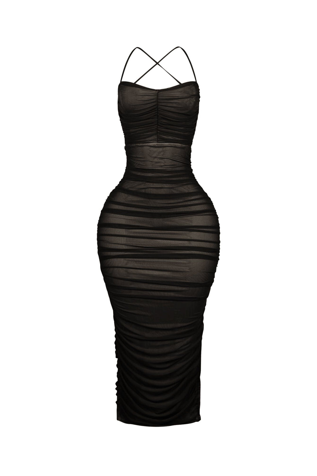 EDGE — black ruched mesh midi dress, front view flat lay