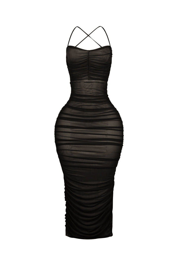 EDGE — black ruched mesh midi dress, front view flat lay