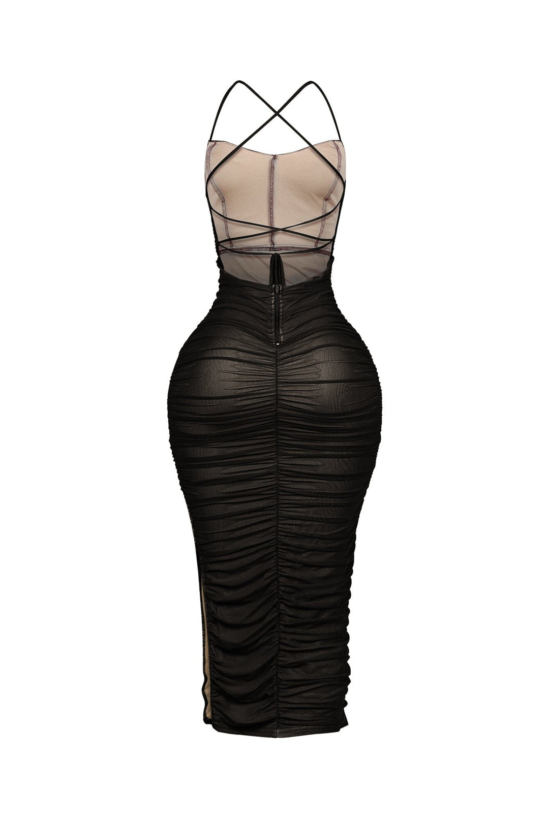EDGE — black ruched mesh midi dress, back view flat lay