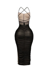 EDGE — black ruched mesh midi dress, back view flat lay