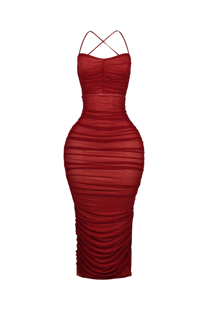 EDGE — red ruched mesh midi dress, front view flat lay