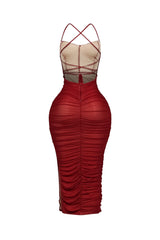 EDGE — red ruched mesh midi dress, back view flat lay