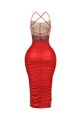 EDGE — red ruched mesh midi dress, back view flat lay close-up