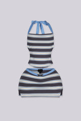Square neckline crop top with halter neck tie and open back double tie closure