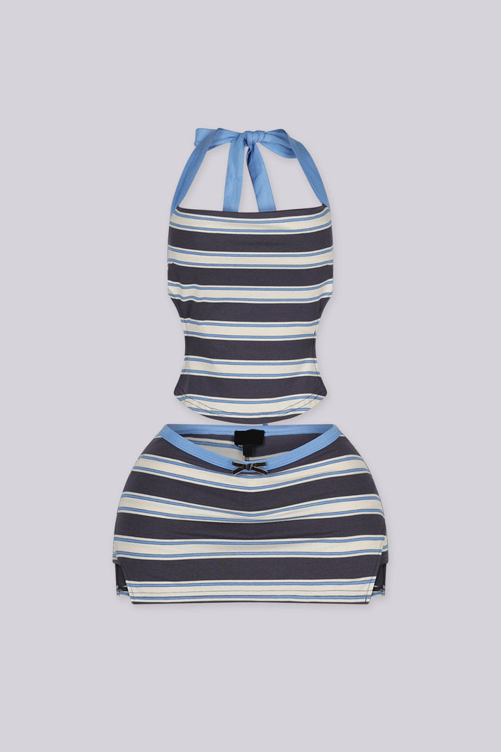 Square neckline crop top with halter neck tie and open back double tie closure
