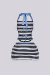 Square neckline crop top with halter neck tie and open back double tie closure