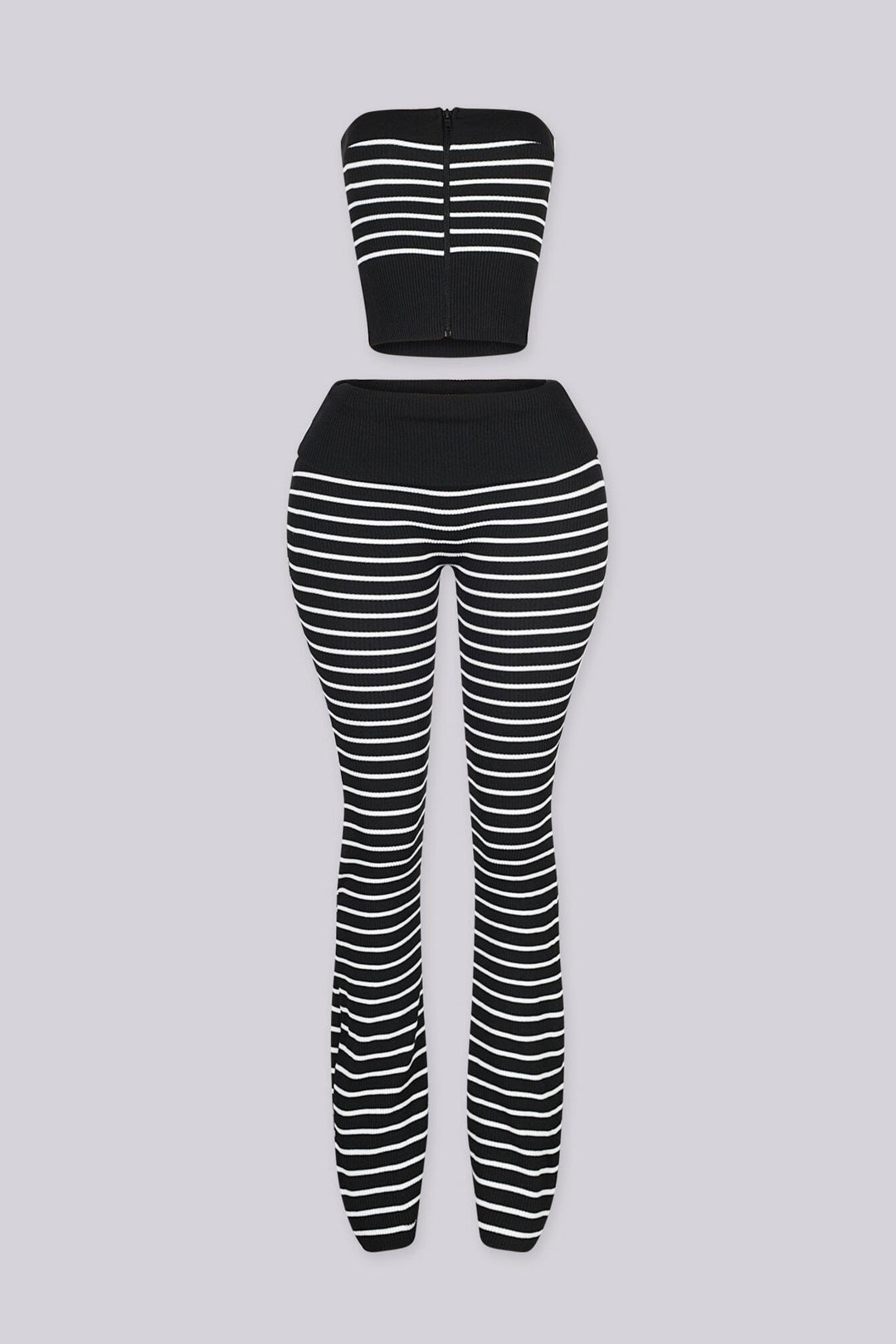 Ribbed knit stripe tube top featuring exposed full-length zipper closure at center front
Matching flare pants with fold-over waistband 
