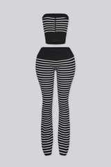 Ribbed knit stripe tube top featuring exposed full-length zipper closure at center front
Matching flare pants with fold-over waistband 