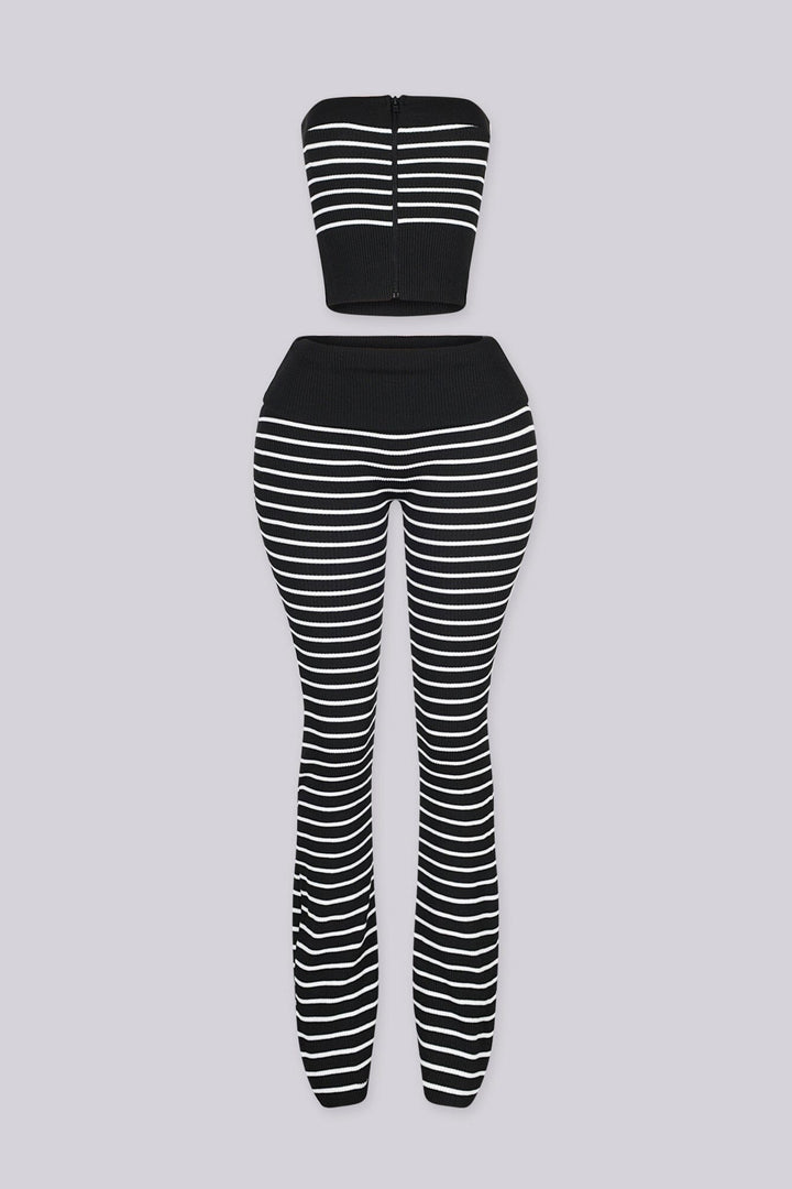 Ribbed knit stripe tube top featuring exposed full-length zipper closure at center front
Matching flare pants with fold-over waistband 