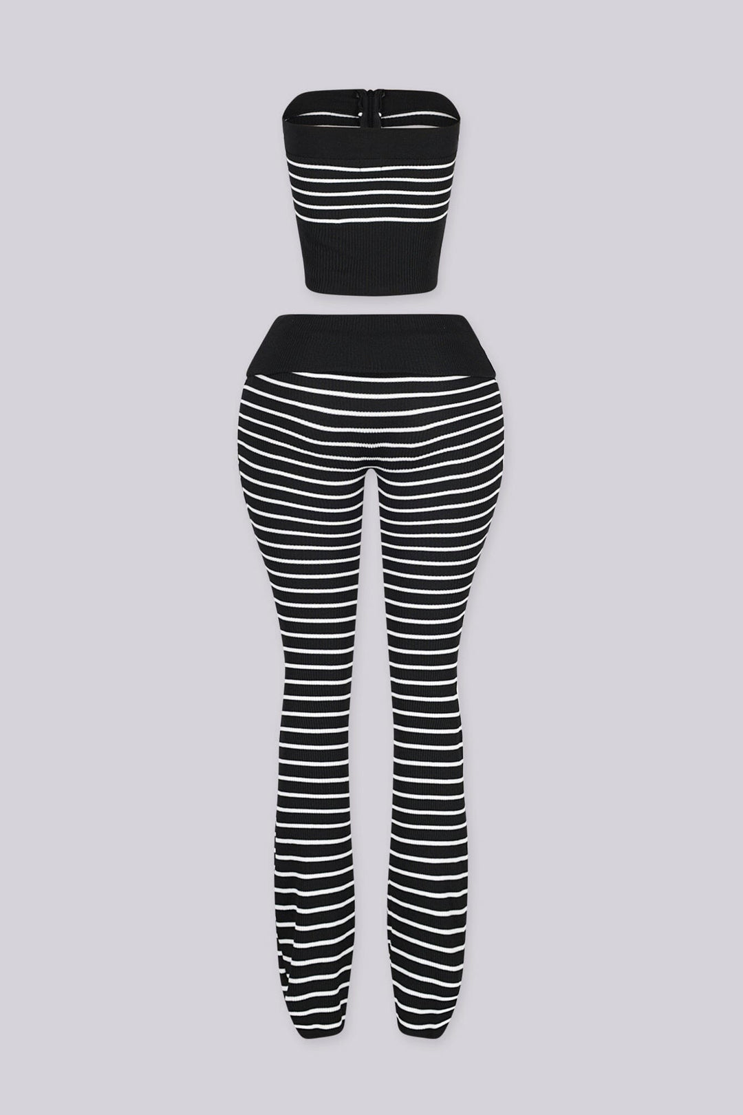 Ribbed knit stripe tube top featuring exposed full-length zipper closure at center front
Matching flare pants with fold-over waistband 