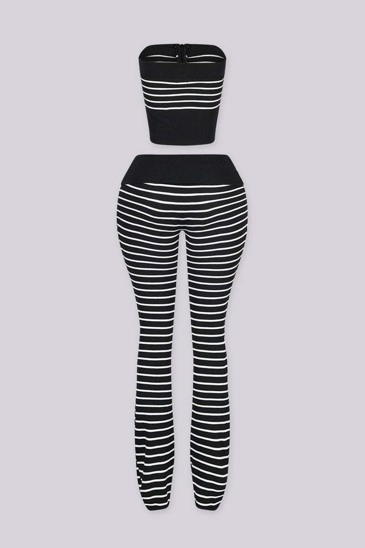 Ribbed knit stripe tube top featuring exposed full-length zipper closure at center front
Matching flare pants with fold-over waistband 