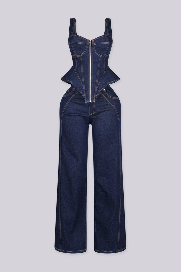 Denim bustier top with adjustable shoulder straps and vertical boning seams featuring peplum hem that flares at the hip