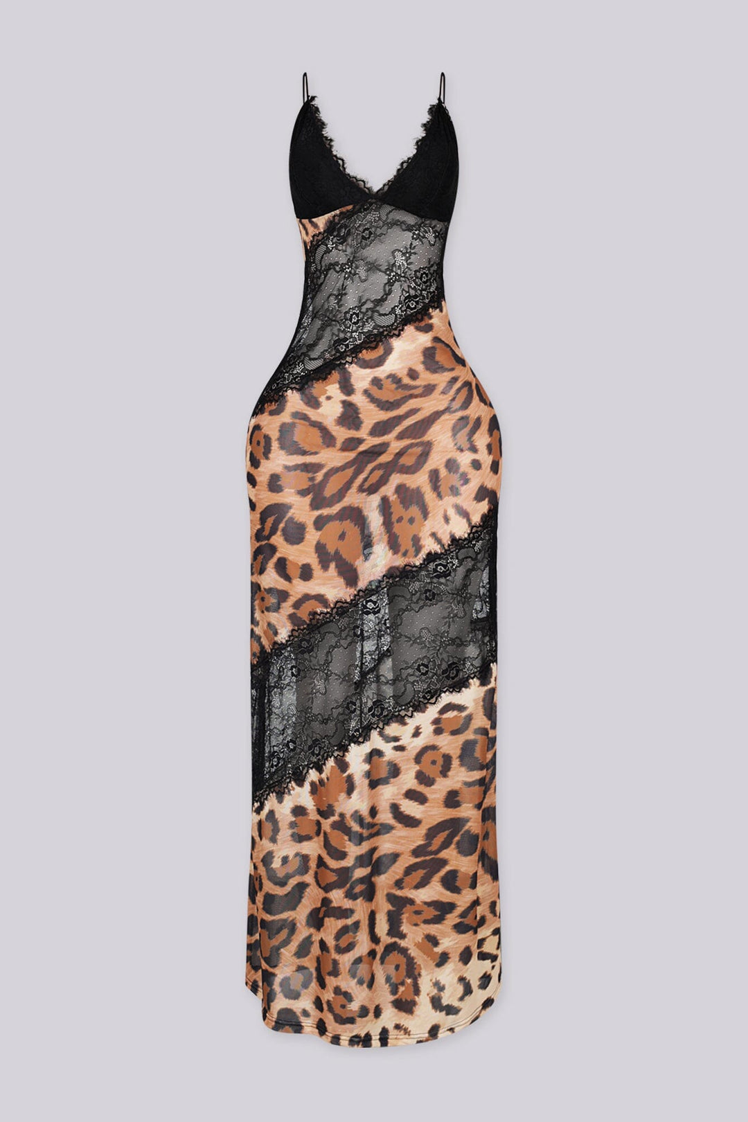 Animal print slip dress featuring a plunging V-neckline with shoulder straps, Asymmetrical sheer black floral lace spliced paneling