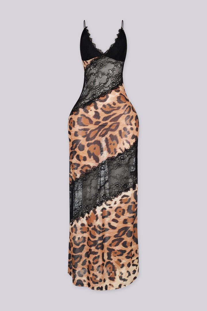 Animal print slip dress featuring a plunging V-neckline with shoulder straps, Asymmetrical sheer black floral lace spliced paneling