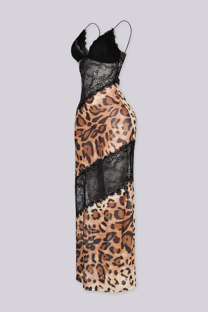 Animal print slip dress featuring a plunging V-neckline with shoulder straps, Asymmetrical sheer black floral lace spliced paneling
