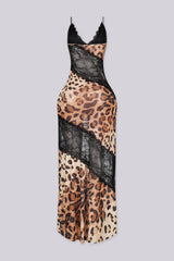Animal print slip dress featuring a plunging V-neckline with shoulder straps, Asymmetrical sheer black floral lace spliced paneling