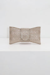 EDGE — gold rhinestone bow-shaped evening clutch, front view flat lay