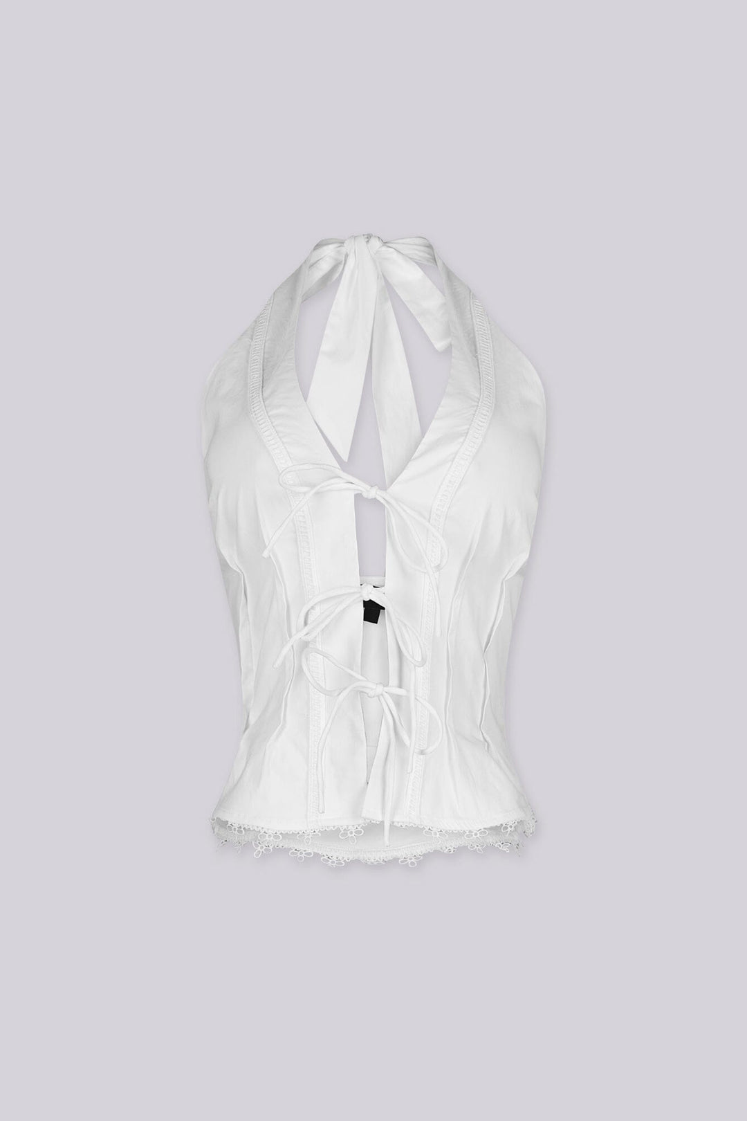 Lace up halter corset top with triple lace up bow tie and floral lace trim along the hem, Fully lined