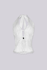 Lace up halter corset top with triple lace up bow tie and floral lace trim along the hem, Fully lined