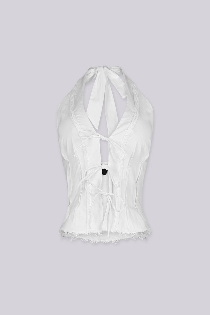 Lace up halter corset top with triple lace up bow tie and floral lace trim along the hem, Fully lined