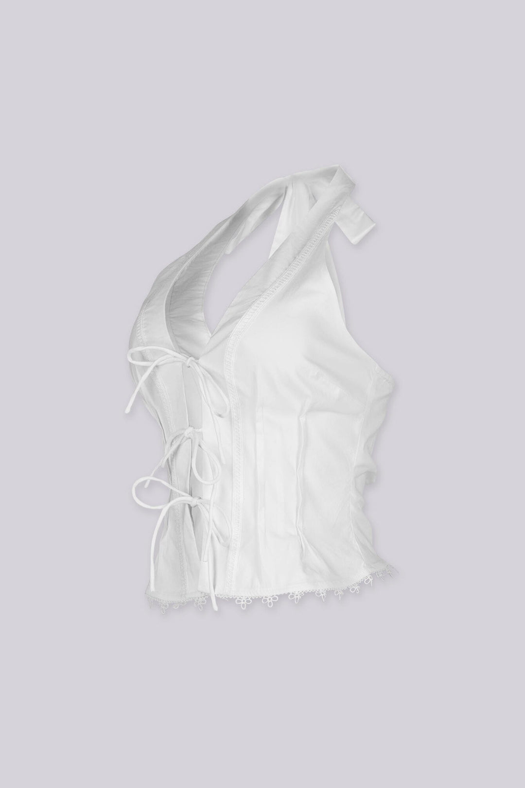 Lace up halter corset top with triple lace up bow tie and floral lace trim along the hem, Fully lined