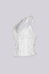 Lace up halter corset top with triple lace up bow tie and floral lace trim along the hem, Fully lined