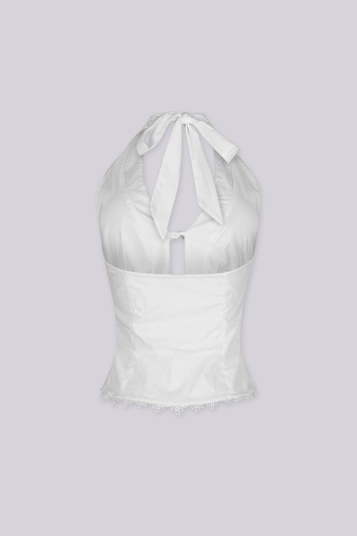 Lace up halter corset top with triple lace up bow tie and floral lace trim along the hem, Fully lined