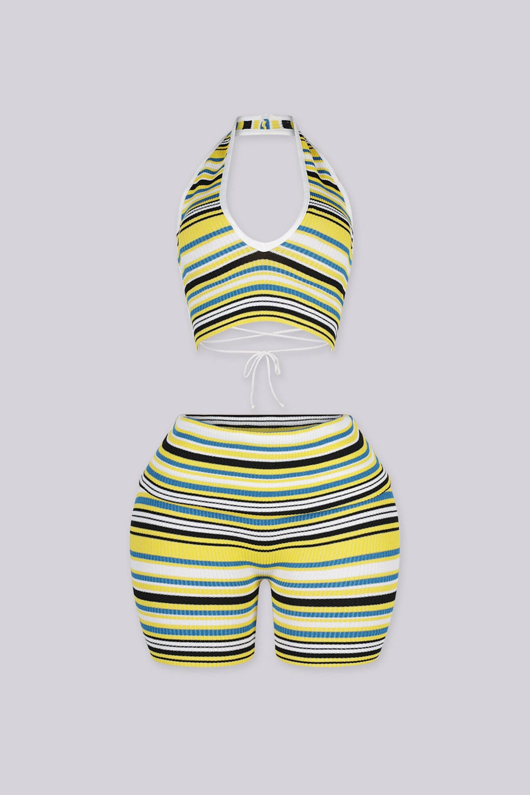 Plunging V-neck halter crop top with open back secured by an adjustable criss-cross lace-up tie closure
Matching mid-length biker shorts designed with adjustable fold-over waistband