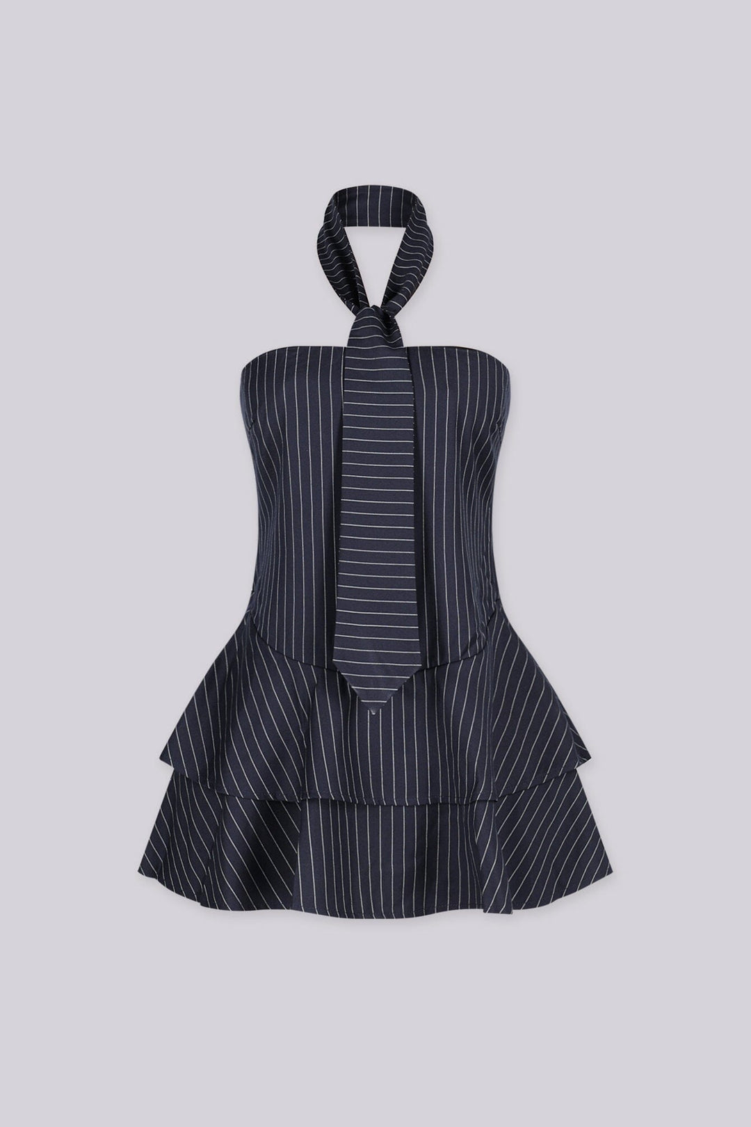 Strapless pinstripe mini dress with attached necktie strap at the collar